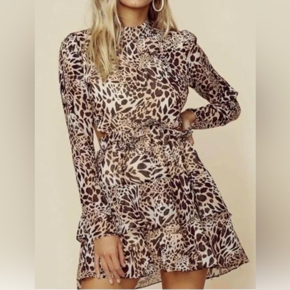 Blue Life Mel Tiered Fit and Flare Mini Dress Brown Cheetah Womens Small